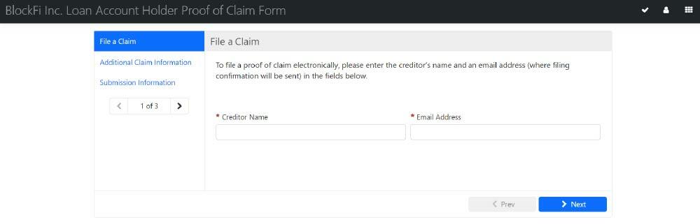 Screenshot of Proof of Claim Form